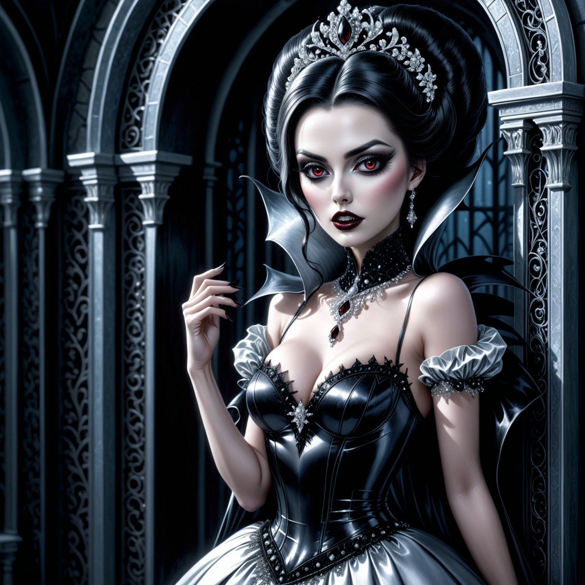  In a sumptuous ice mansion, with shimmering walls adorned with crystals, stands an incredibly beautiful vampire woman. Dressed in an elegant gown that hugs her curves, she exudes a chilling sensuality. (((black hairs))). ((((big fangs)))). Her piercing gaze (((glowing eyes))), (((black lips))) contrasting with her (((extremely white, porcelain-like skin))), captivate anyone who dares to look at her.