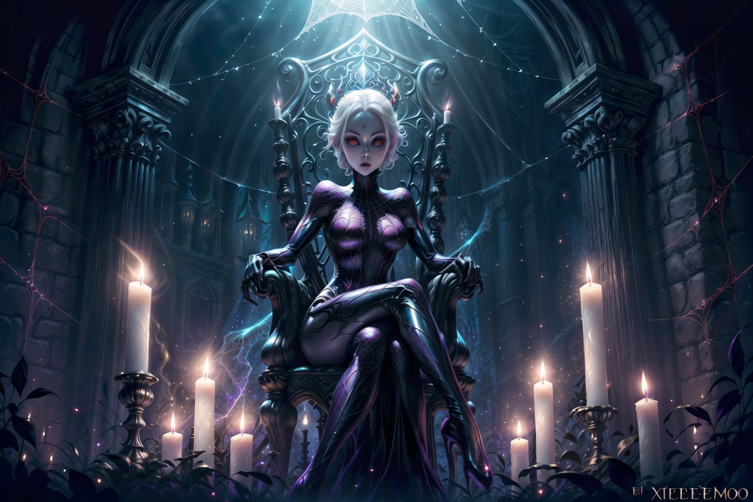 in a world of wonder and fantasy, a bewitching, sensual and sexy spider woman((((extrem émo pale skin))). lack hair. glowing multi-eyes. sits on her throne. as beautiful as she is seductive. spider web. frightening. magical. candles. médieval castle