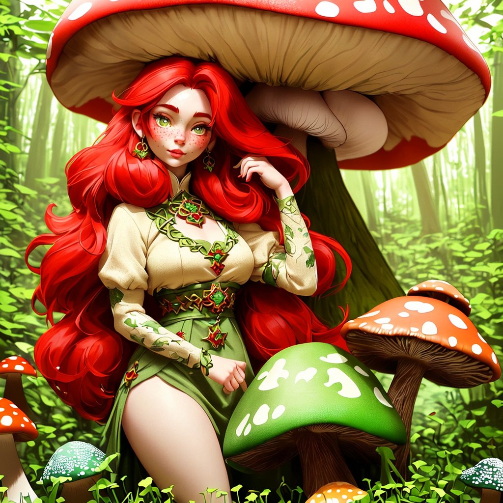 Masterpiece of a fantastical scene set in a mysterious forest with whimsical trees and giant mushrooms. The sky is white and cloudy, indicating an autumn day. In the center stands a female figure with red hair, dressed in furs reminiscent of 9th-century Viking clothing. Her face is visible. (((Freckles. Red hairs. extrem pale skin.))) (((siting on a mushroom)))). She is adorned with tattoos reminiscent of Celtic patterns. The scene is dominated by shades of red, green, and white, subtly suggesting certain characteristics of the central figure without going into precise details of her physical features.,studio_ghibli_anime_style style