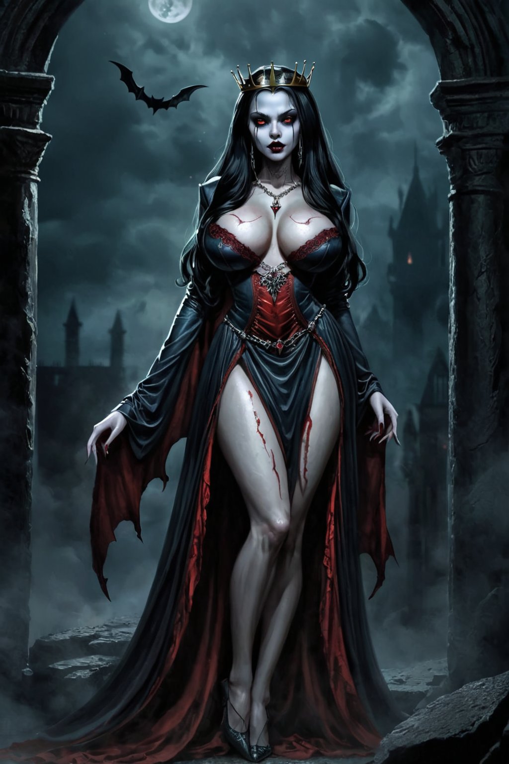 A magnificent, curvy, and scary undead vampire girl. The Queen of the Underworld of vampires. Dark fantasy. (((full body.)))