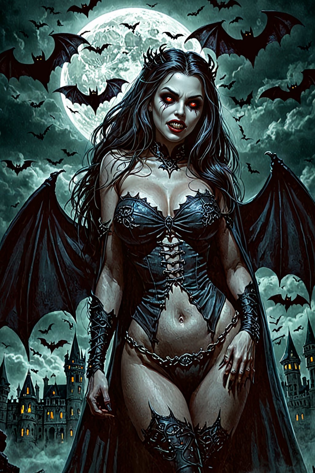 A magnificent, curvy, and scary undead vampire girl. The Queen of the Underworld of vampires. Dark fantasy. gothic castle. full moon. bats. Undeads. monsters. Haunted atmosphere.