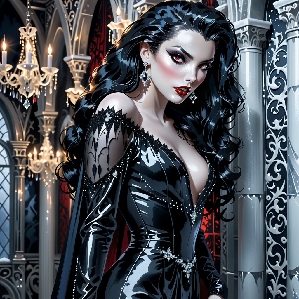 In a sumptuous ice mansion, with shimmering walls adorned with crystals, stands an incredibly beautiful vampire woman. Dressed in an elegant gown that hugs her curves, she exudes a chilling sensuality. (((black hairs))). (((big fangs)))Her piercing gaze (((glowing eyes))), (((black lips))) contrasting with her (((extremely white, porcelain-like skin))), captivate anyone who dares to look at her.