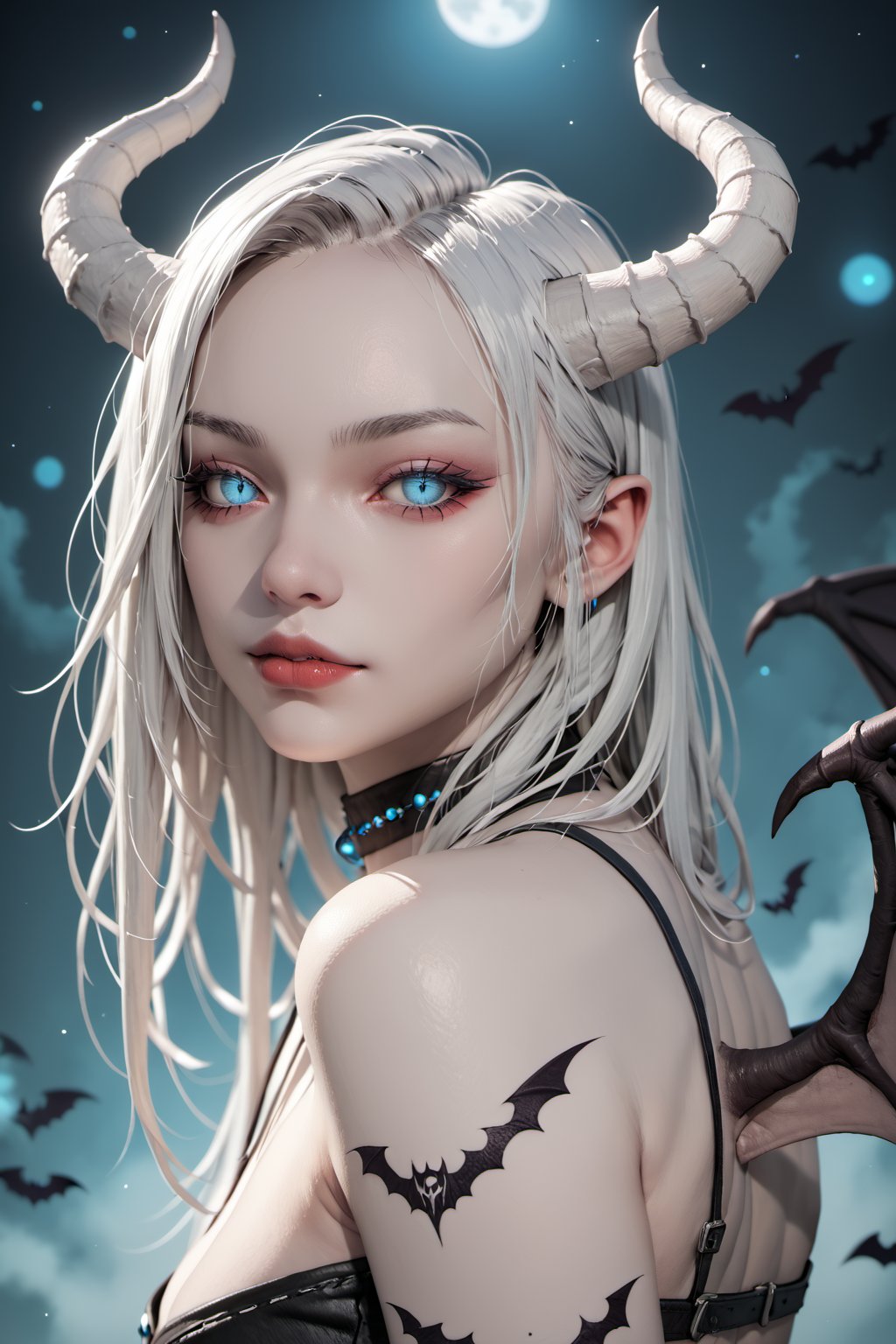 score_9, score_6_up, score_5_up,Very detailed, perfect image. masterpiece. a magnificent white succubus, curved and frightening. white hair. glowy blue eyes. white horns. (((white bat wings))). black tribal tatoos (((pale white body skin)))). misty atmosphere. unsettling scene