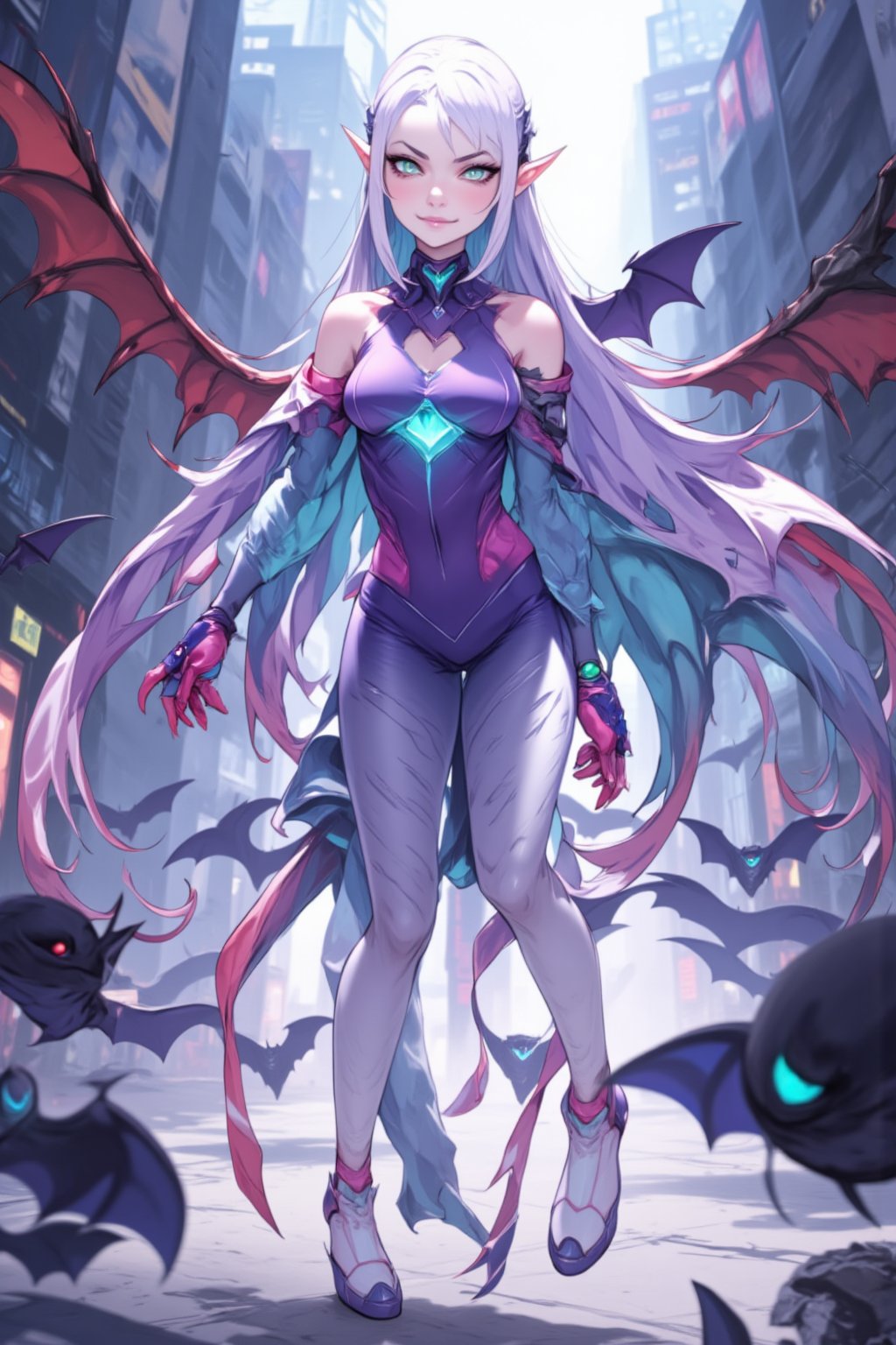 (masterpiece, best quality, ultra-detailed, 8K),best quality, anime style, score_9, score_8_up, score_7_up, perfect anatomy, 1girl,Lilith hair is neck-length varying from lavender, lilac or a bright purple in color. Her outer wings, leotard, shoes and eyes are all red. The inside of her wings are dark green but can be seen as brighter green in one art, presumably from lighting. Her tights are light blue with darker blue bat patterns and her gloves are the same color as the bats. The cut-out on her leotard is changed from a heart to a diamond. She is also two inches shorter than Morrigan. the scene takes place in japan street.