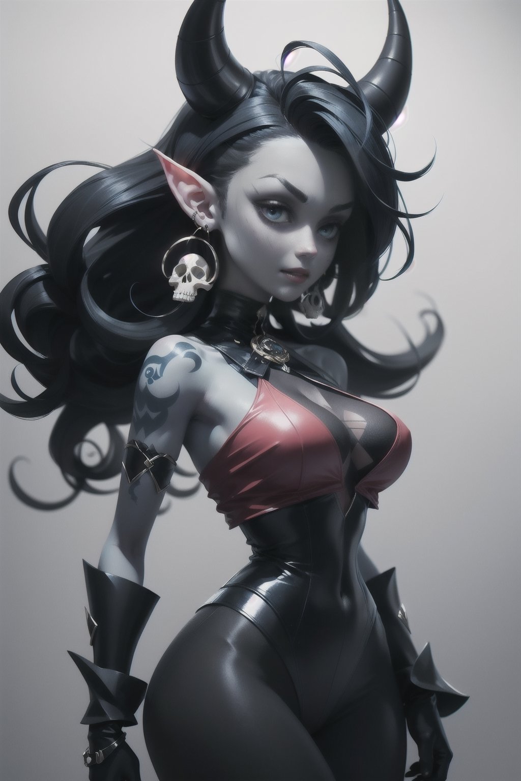 antastical female character with blue skin and scattered lighter blue freckles. She has vibrant green eyes, elongated and tilted upwards at the outer corners, with black-lined lids and dramatic lashes. A septum piercing and a medley of earrings along her pointed, elfin ears add to her edgy look. Her asymmetrical black hair features a horn on one side, contributing to her demonic aesthetic. She sports a tattoo of a skull surrounded by floral motifs on her neck. Her full lips, painted black, part slightly to reveal large, sharp canines, and she has a confident, mischievous smile.