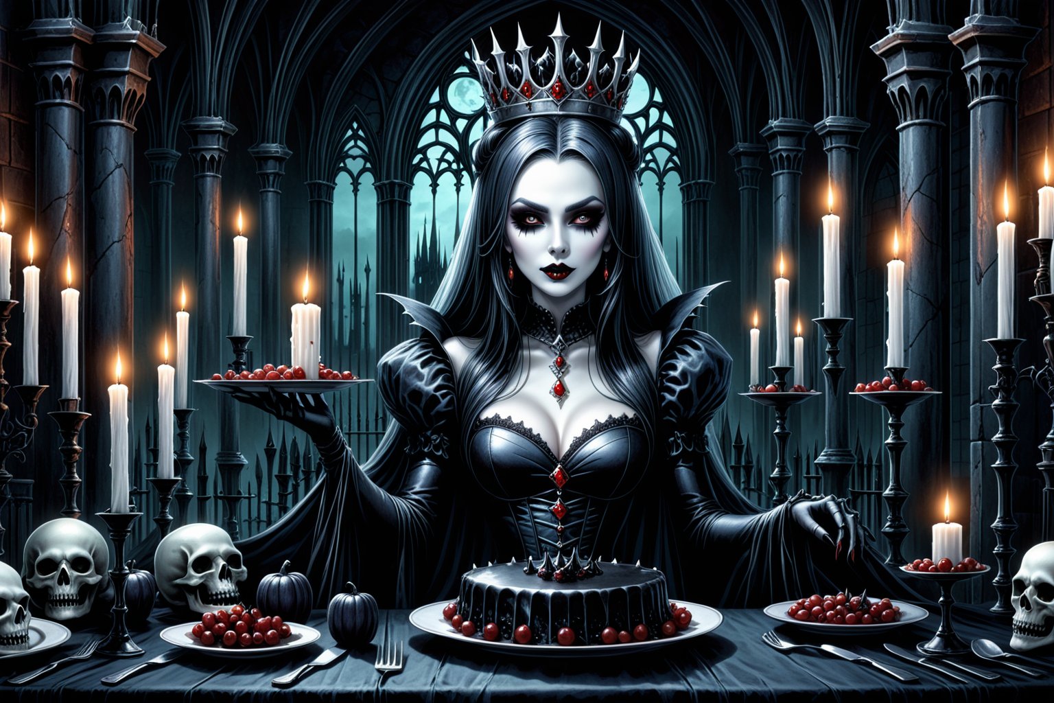 A hauntingly beautiful undead queen monster has diner with her monsters guests in a gothic castle. candles light.