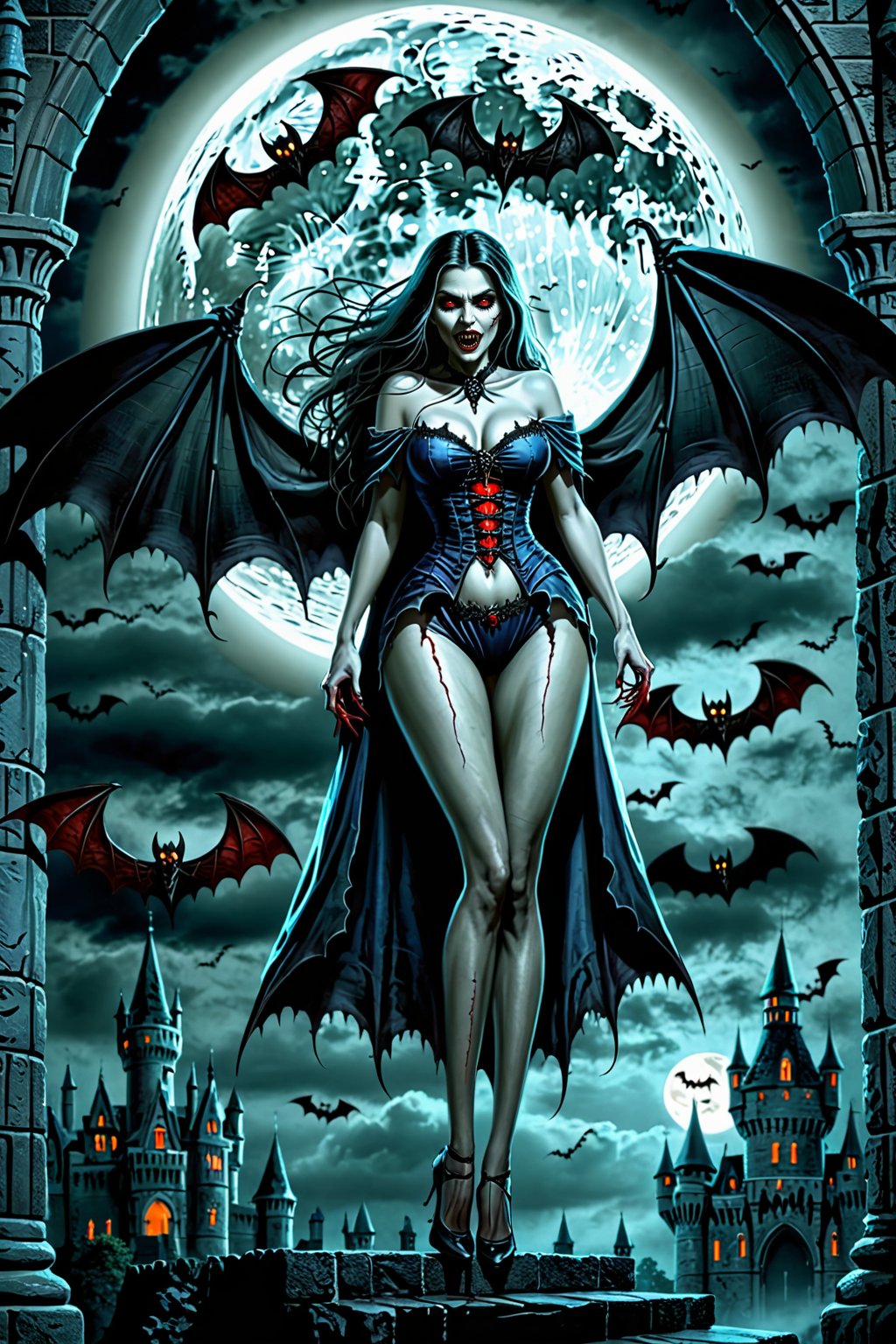 A magnificent, curvy, and scary undead vampire girl. ((long legs)). The Queen of the Underworld of vampires. Dark fantasy. gothic castle. full moon. bats. Undeads. monsters. Haunted atmosphere.