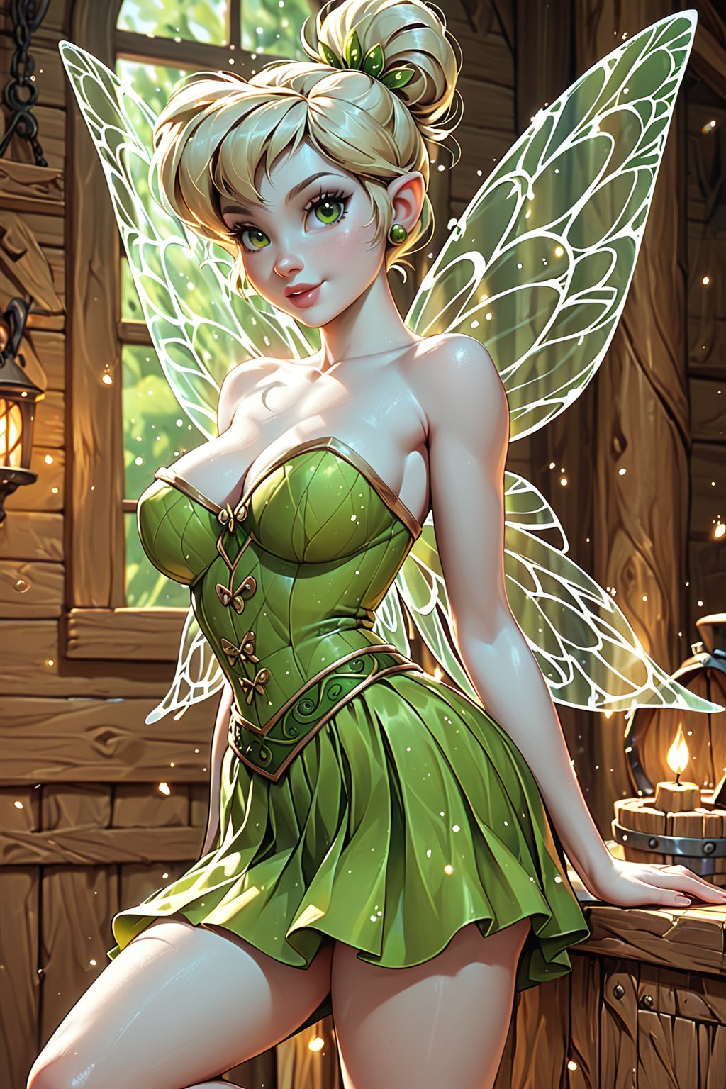  score_9, score_6_up, score_5_up,Very detailed, perfect image. A masterpiece depicting a beautiful, curvy fairy inspired by Walt Disney's Tinkerbell.((( She has porcelain-white skin))), a very short green skirt, and transparent insect wings. The overall atmosphere is warm and magical, set inside a small medieval wooden house.