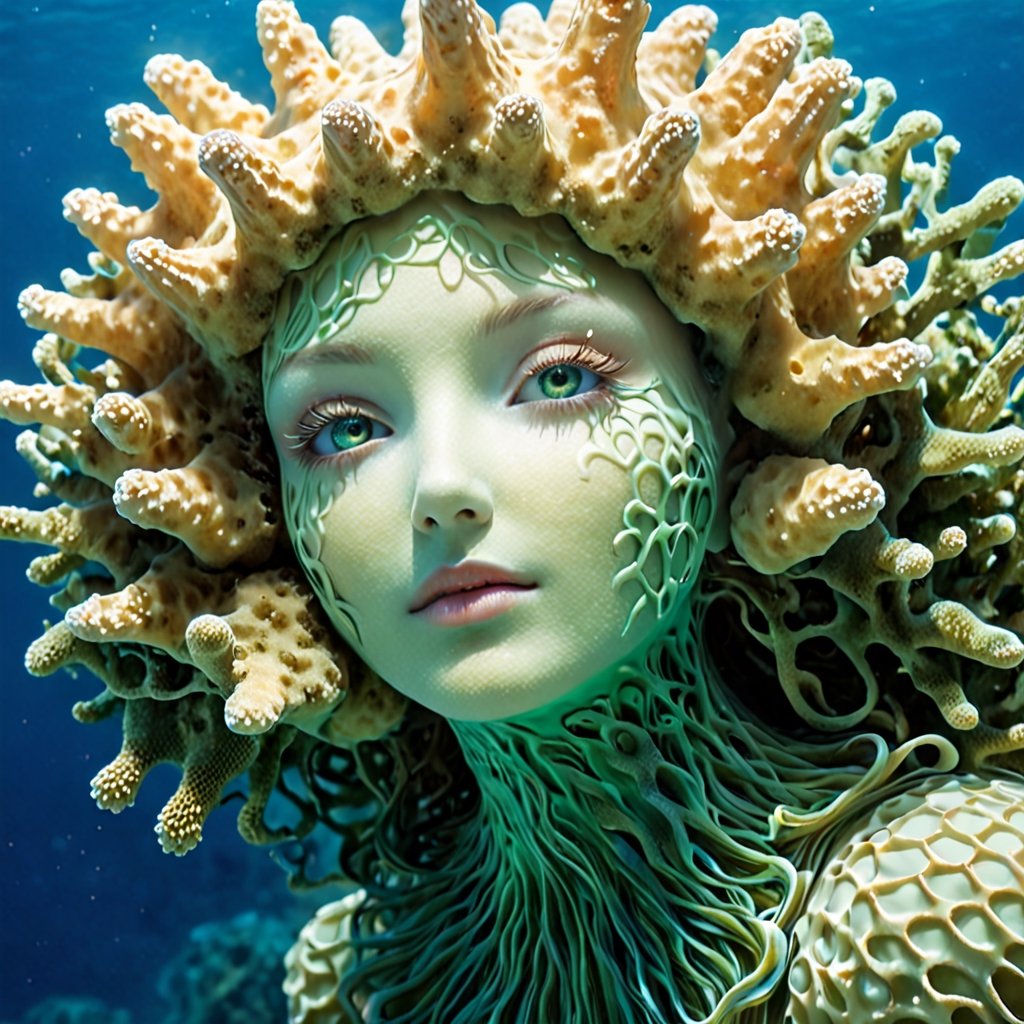 The creature's face suggests a harmonious fusion of the delicate features of a woman and the organic texture of a sea sponge. Her skin, with a soft hue reminiscent of the pearly tones of the ocean depths, emits a gentle glow that illuminates her face in an almost iridescent manner.

Her eyes, large and expressive, capture the ambient marine light. They are of a deep and shifting color, evoking the ocean in all its splendor. The pupils reflect infinite curiosity, revealing an intelligence imbued with wisdom acquired over years of symbiotic existence.

The creature's hair is fluid and wavy, akin to marine algae floating with grace. Shades of green and blue intertwine in a natural symphony, creating a subtle contrast with the pearly skin tone. Delicate shells and small corals seem to blend seamlessly into her locks, adding a touch of exquisite detail.

Her nose, finely chiseled, recalls the delicacy of seashells and marine shells, giving her face an elegant and graceful appearance. The mouth, with delicately pursed lips, hints at an inherent gentleness and benevolence, evoking the feminine essence of this symbiotic being.

The face of this fantastical creature exudes the organic beauty of the ocean, with each feature suggesting the perfect symbiosis between the grace of a woman and the mystical magic of a sea sponge, all enveloped in an enchanting underwater ambiance.,moonster,Gric