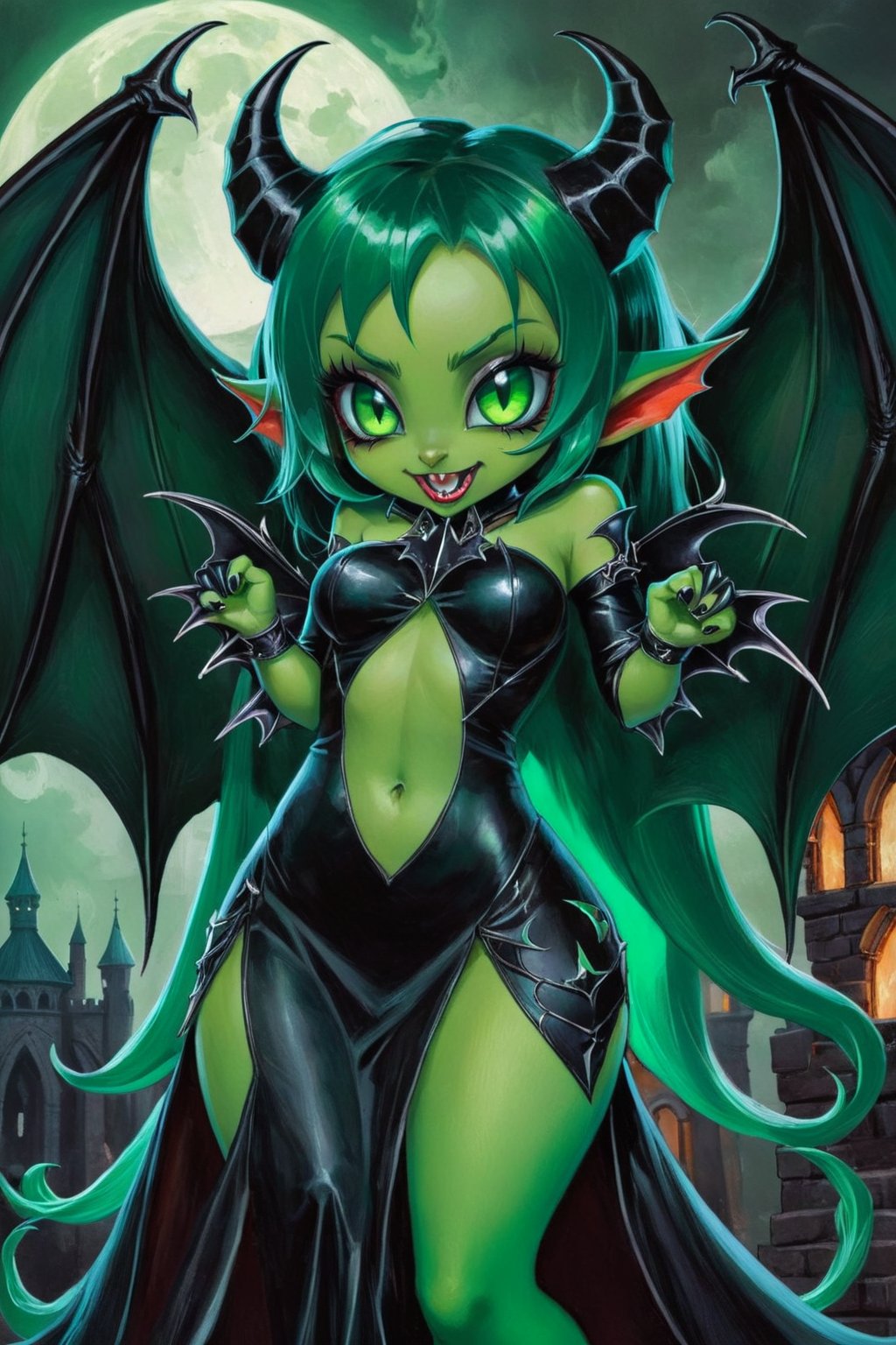  A beautiful little two-headed gothic she-devil with luminescent eyes, bat wings, big fangs, big claws, green skin, tattoos, a forked tail and big pointy ears. in a dungeon.