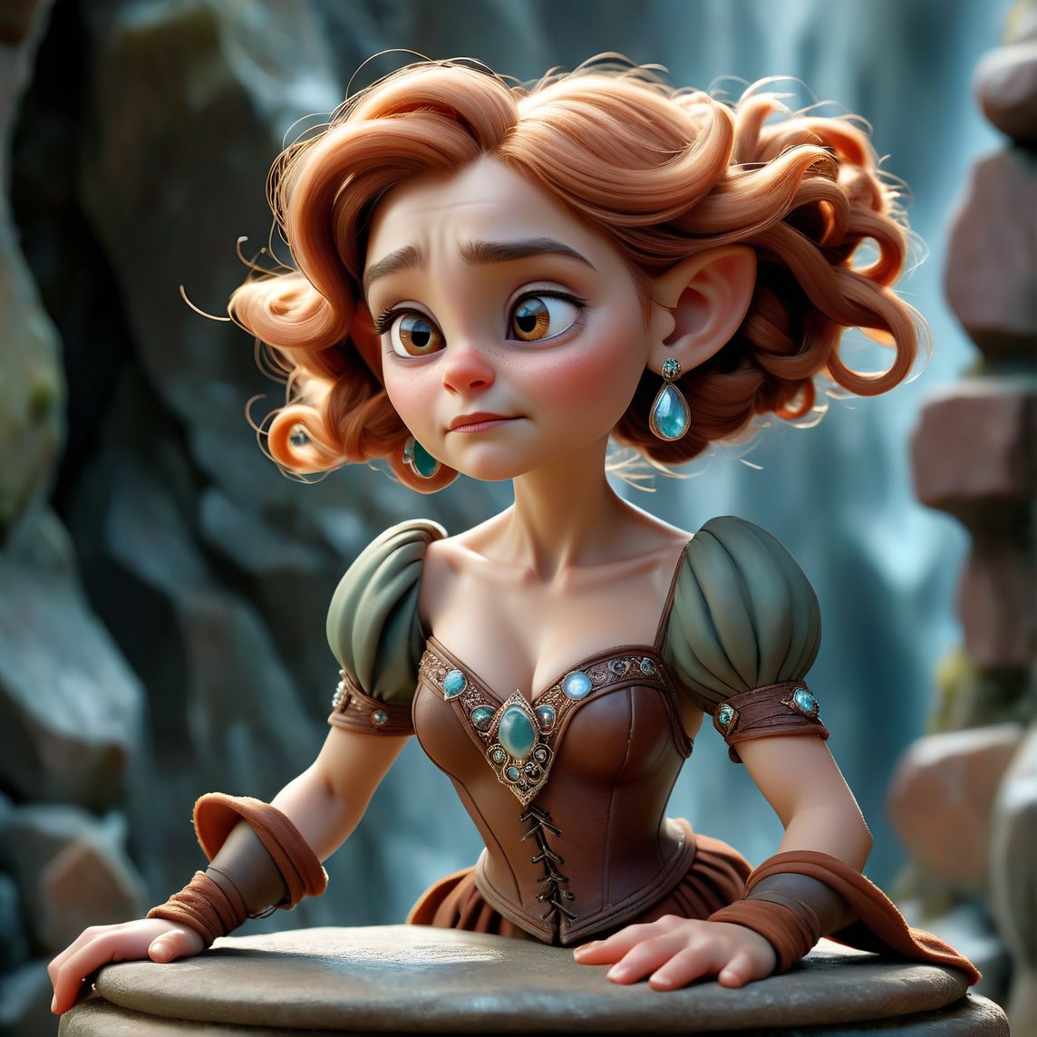 A small, elegant female dwarf inspired by the world of J. R. R. Tolkien, goblin ears, sits confidently on a pedestal amidst a swirling vortex of shimmering minerals. She wears a supple leather corset adorned with intricate, gemstone-encrusted clasps. The camera frames her from the waist up, highlighting the curves of her diminutive physique and the delicate, almost imperceptible flutter of her eyelashes. A subtle, warm lighting accentuates the texture of her skin and the rich, earthy tones of her leather attire, while the mineral backdrop creates a mesmerizing contrast of cool, crystalline blues and fiery, gemstone hues.