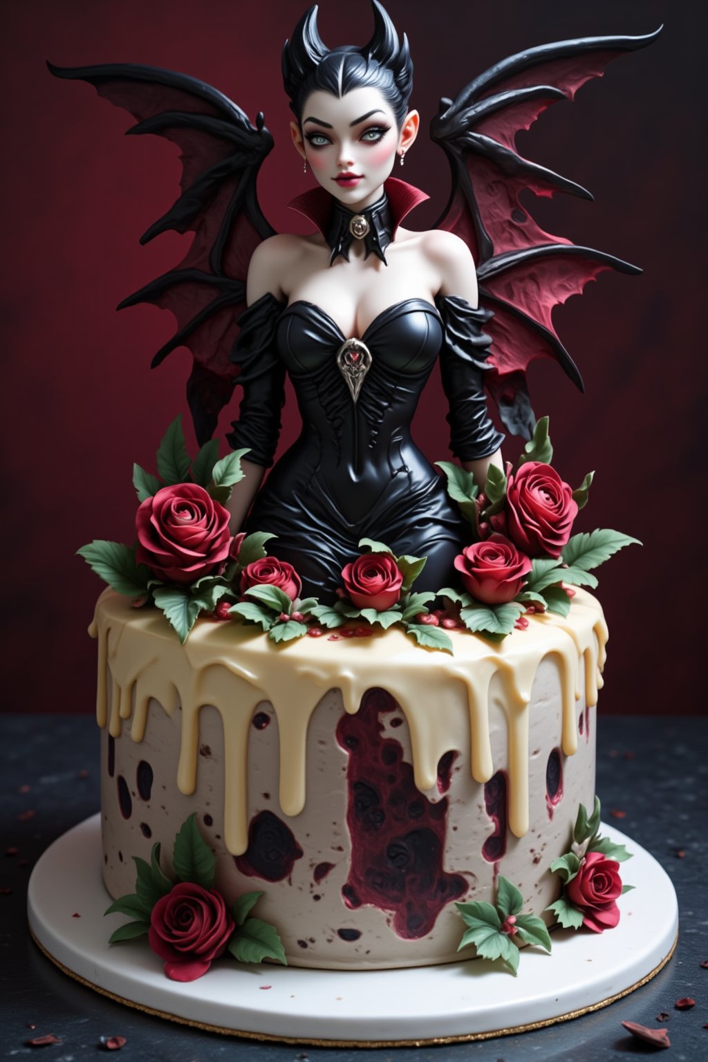 score_9, score_6_up, score_5_up,Very detailed, perfect image. masterpiece of magnificent female vampire made of jelly. bat wings. ((((jelly scene))). Set on a creamy cake.