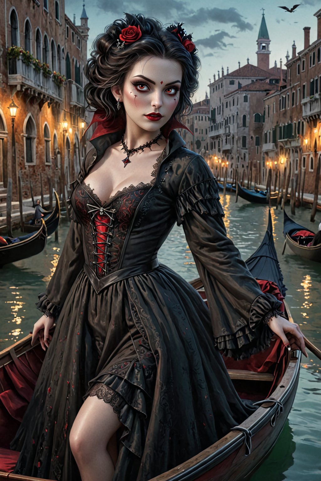 A gorgeous, sexy gothic vampire on a gondola in Venice.