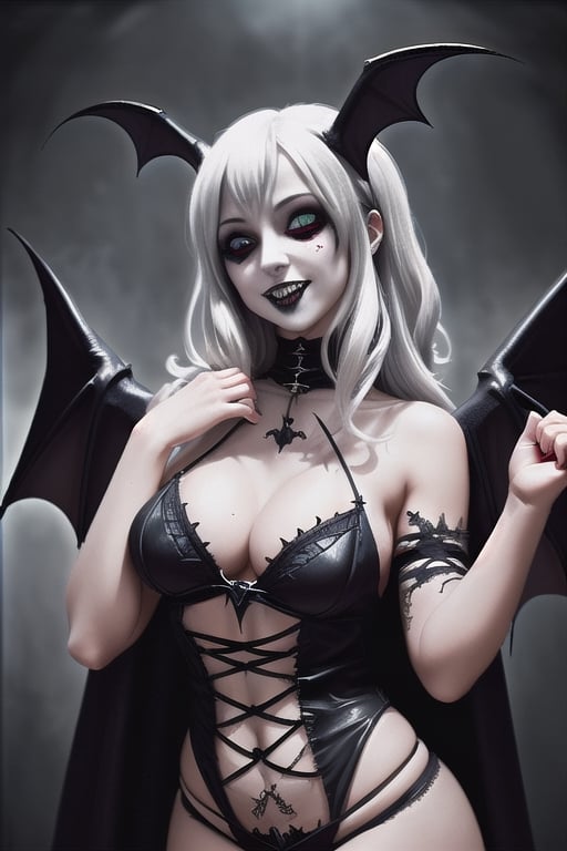 A gothic vampire sexy with bat wings. She has sharck teeth.