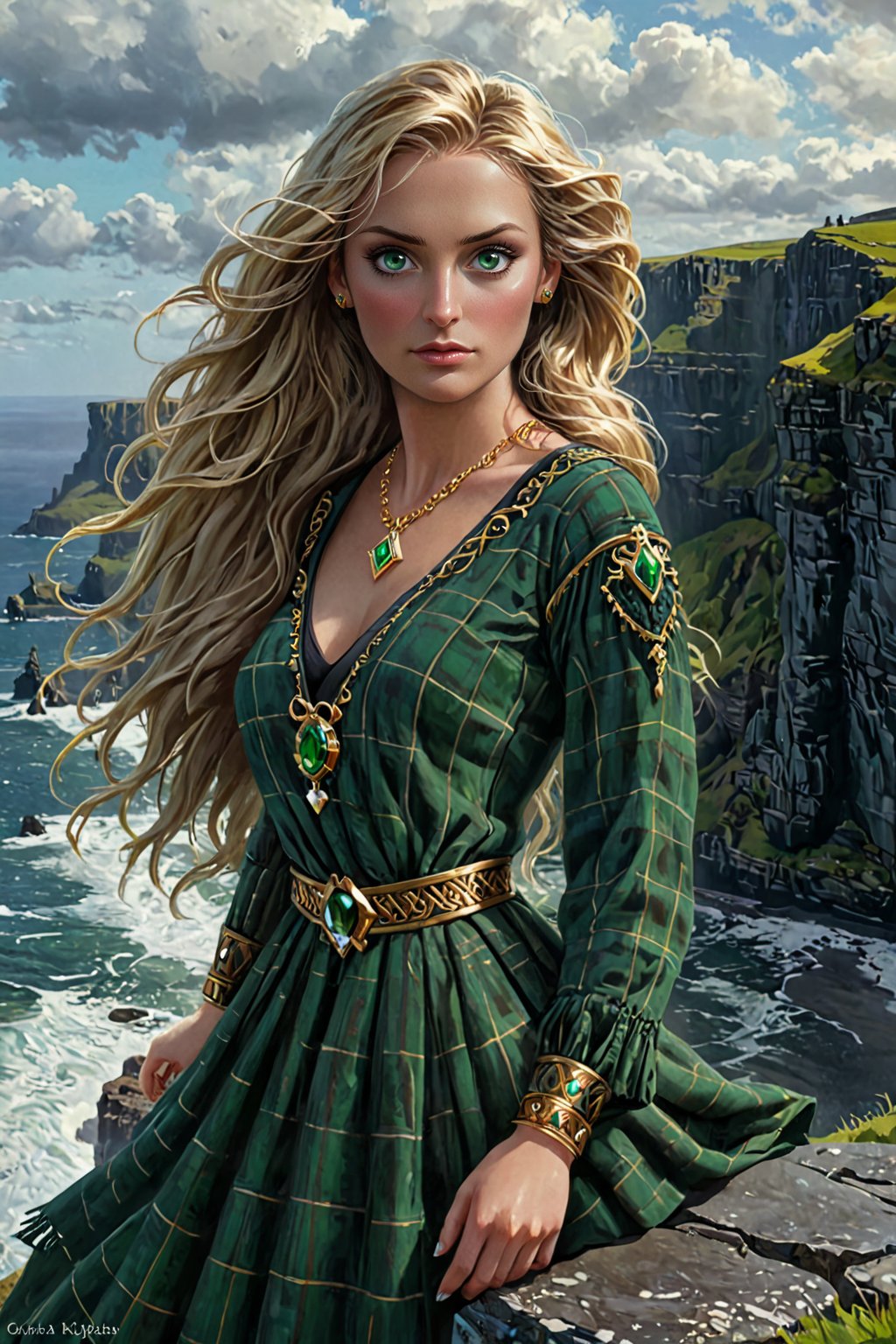 A sultry druidess clad in flowing, emerald-green tartan and golden brooches poses confidently at the precipice of the Cliffs of Moher, wind-whipped hair tousled by the Atlantic breeze. Her eyes gleam like polished obsidian as she gazes out upon the rugged coastline, her skin aglow with a subtle, mystical luminescence.