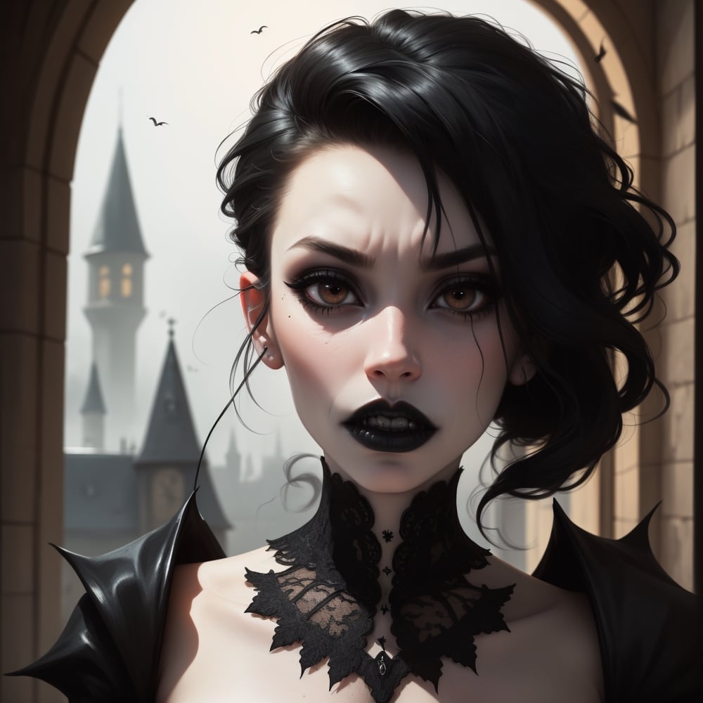 Master piece. Close up portrait of female vampire, hissing with big vampire fangs, intricate details, creepy. gothic.(((emo white skin))). gothic. tattoos. (((black hair))).(((black lips))).,klee (genshin impact). the scene takes place in gothic chateau.