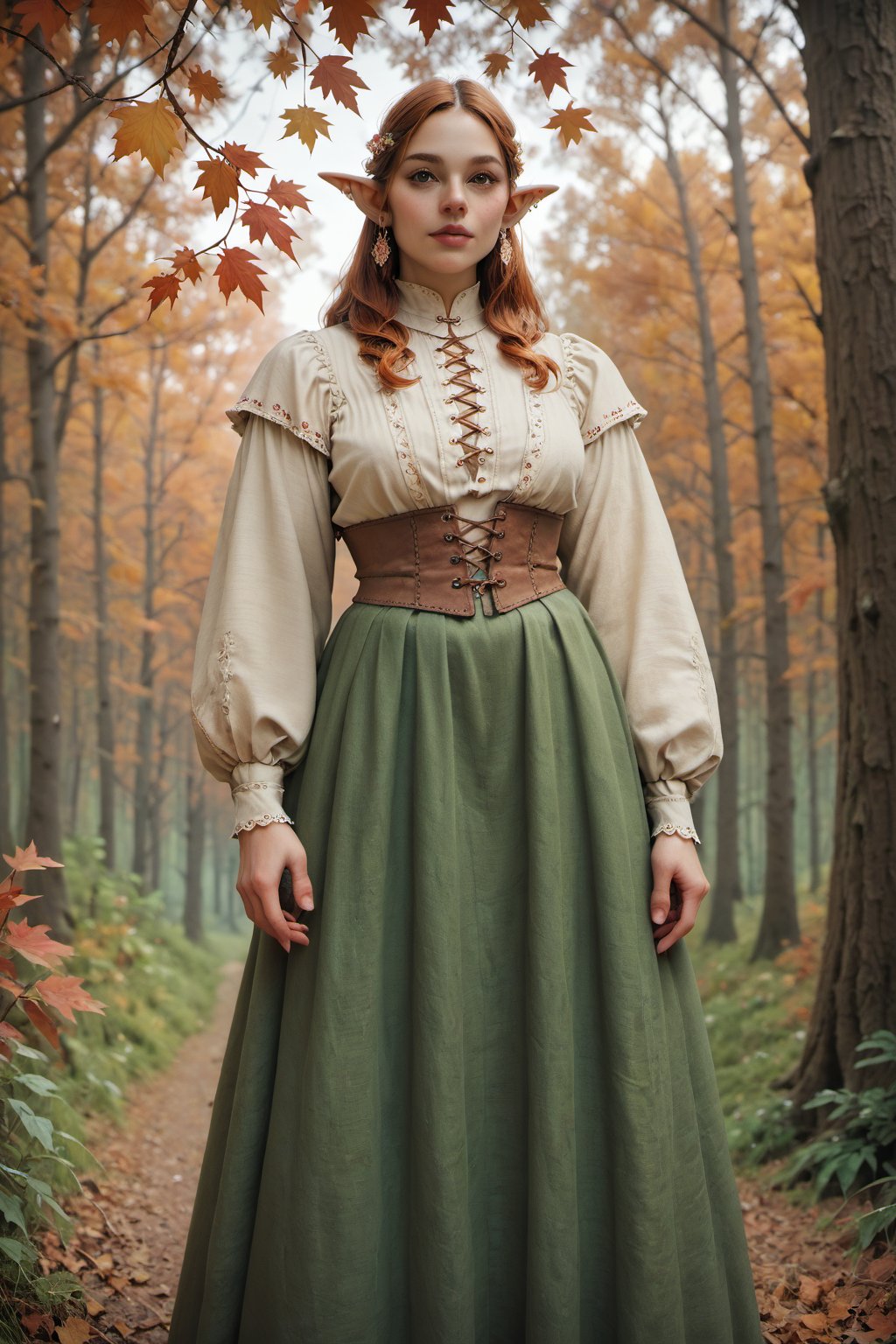  score_9,score_8_up,score_7_up, Masterpiece depicting a hairy-eared female elf, dressed in medieval garb with a short green skirt, strolling through a magnificent forest of ancient trees in autumn. Magical atmosphere. Warm autumn light.