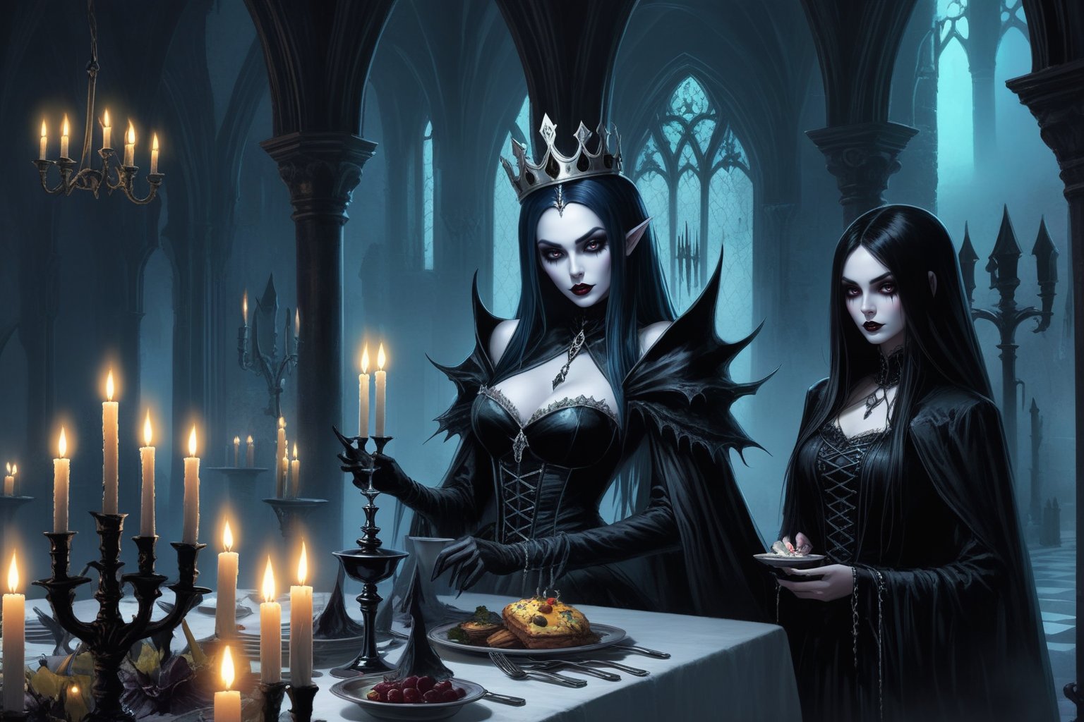  A hauntingly beautiful undead queen monster has diner with her monsters guests in a gothic castle. candles light.