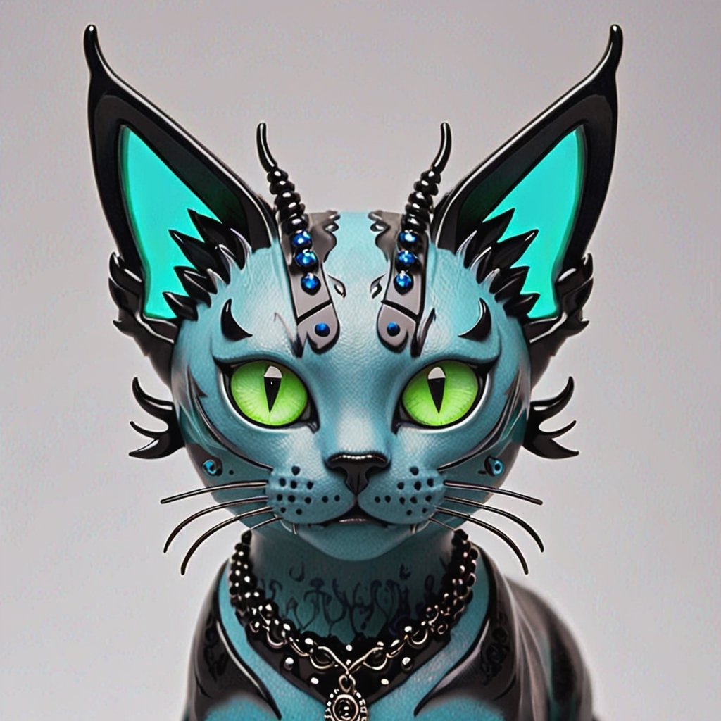 A twenty-something antropomorph cat with blue skin, cat ears, earrings, cat teeth and bright fluorescent green eyes. She has gothic-style black hair, tattoos and black horns.(((blue body))).