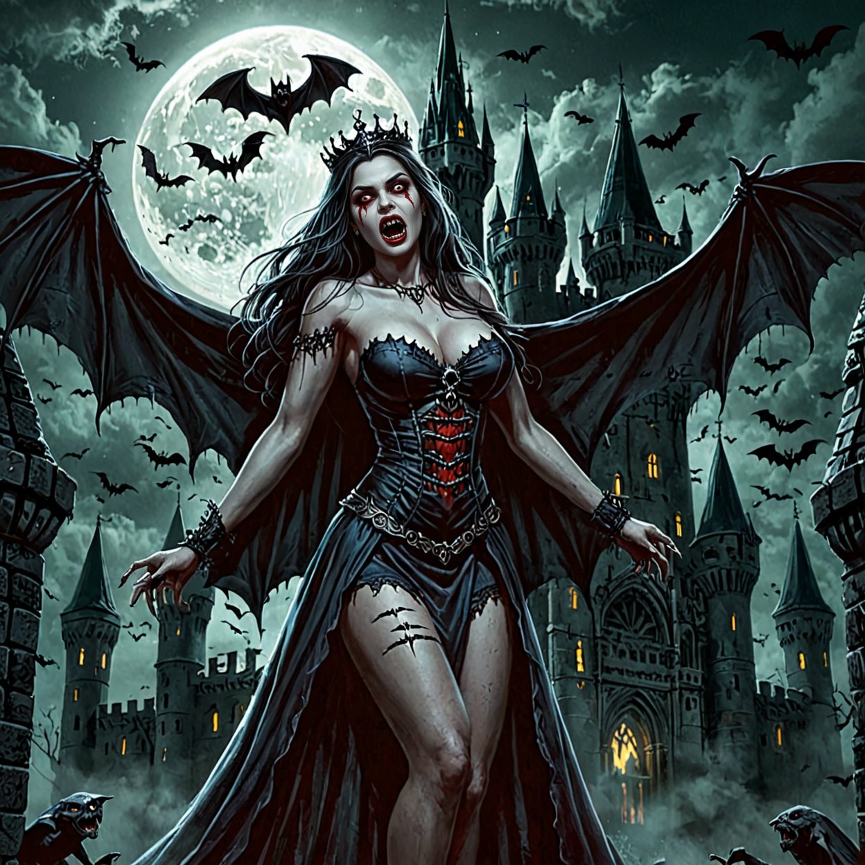 A magnificent, curvy, and scary undead vampire girl. The Queen of the Underworld of vampires. Dark fantasy. gothic castle. full moon. bats. Undeads. monsters. Haunted atmosphere.