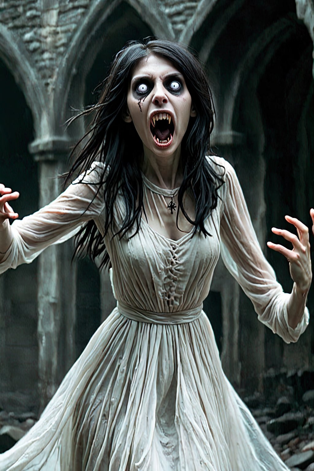 : A screaming, frightening undead (((( extrem emo pale undead skin))) Banshee dressed in a thin white dress. floating body in the air. Her (((body is transparent))). dungeon. gothic castle. dark fantasy.