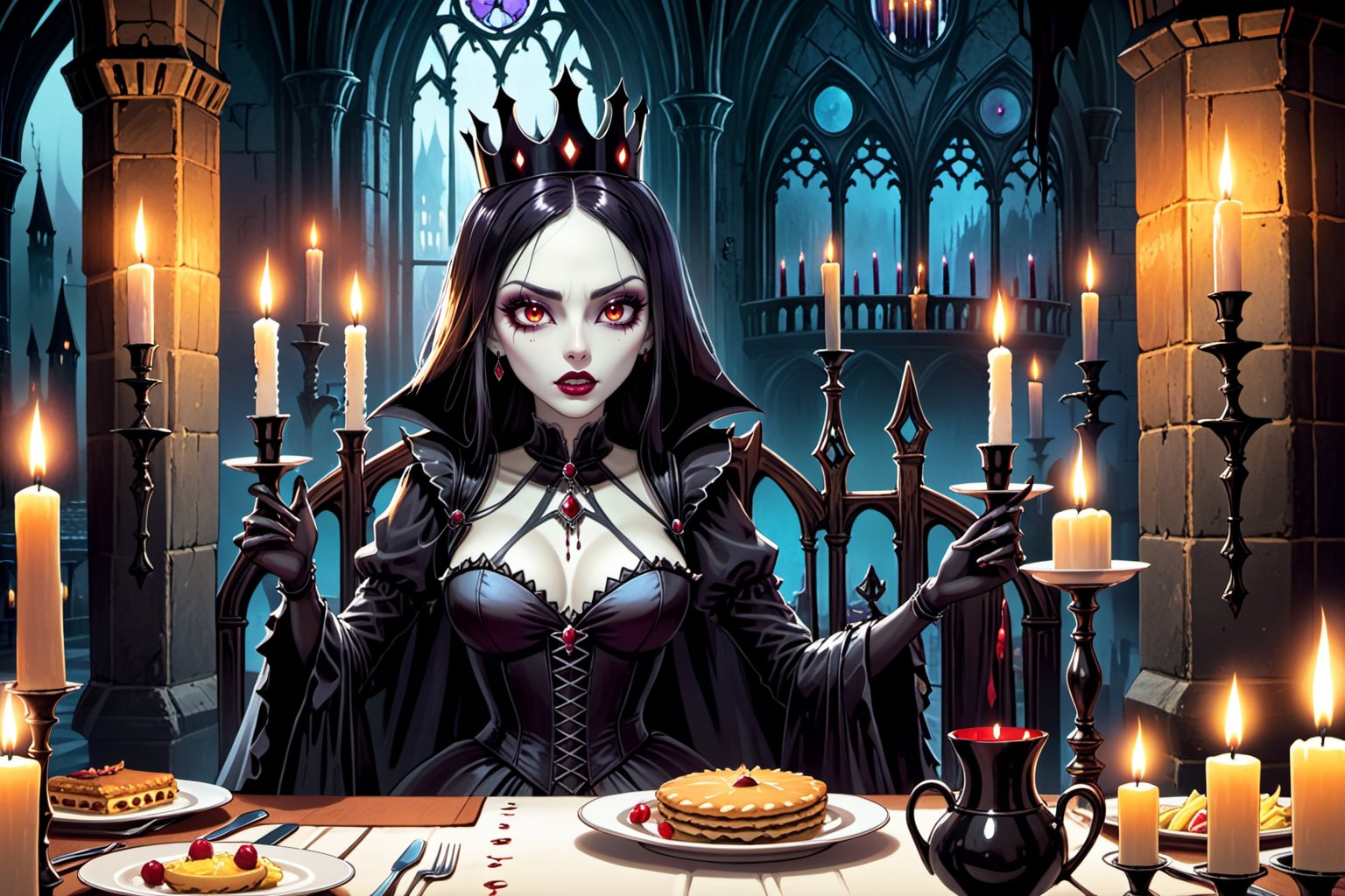  A hauntingly beautiful undead queen monster has diner with her monsters guests in a gothic castle. candles light.