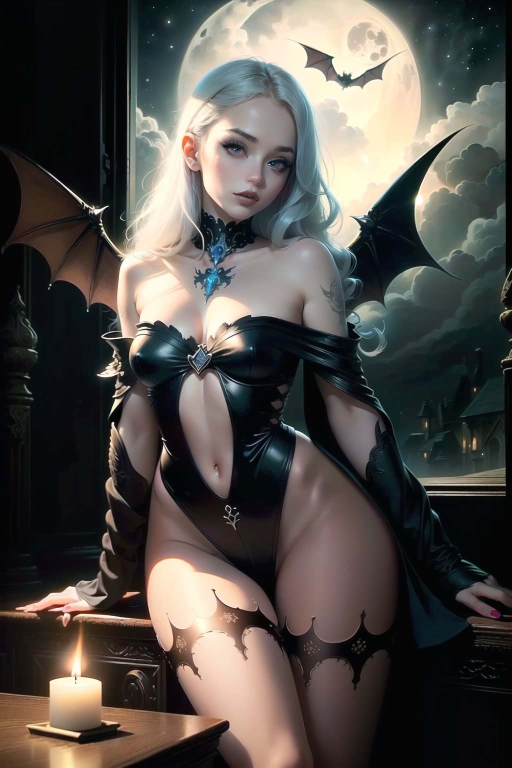 A gothic vampire sexy hot with bat wings. She has sharck teeth. Her skin is white with tatoos.(fantasy illustration:1.3), enchanting gaze, captivating pose, delicate wings, otherworldly charm, mystical sky, (Luis Royo:1.2), (Yoshitaka Amano:1.1), moonlit night, soft colors, (detailed cloudscape:1.3), (high-resolution:1.2).Church interior with candles. Moonlight trough church windows.