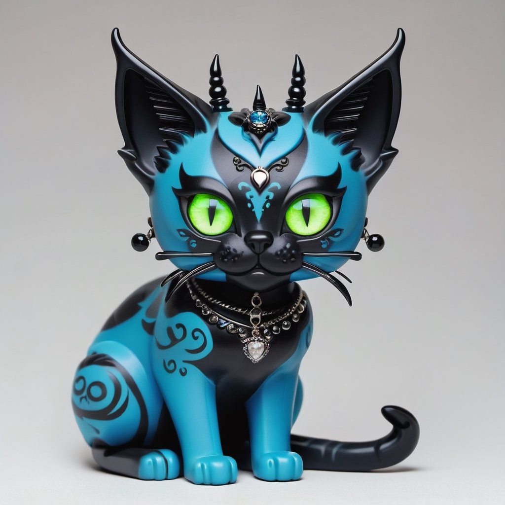 A twenty-something antropomorph cat with blue skin, cat ears, earrings, cat teeth and bright fluorescent green eyes. She has gothic-style black hair, tattoos and black horns.(((blue body))).