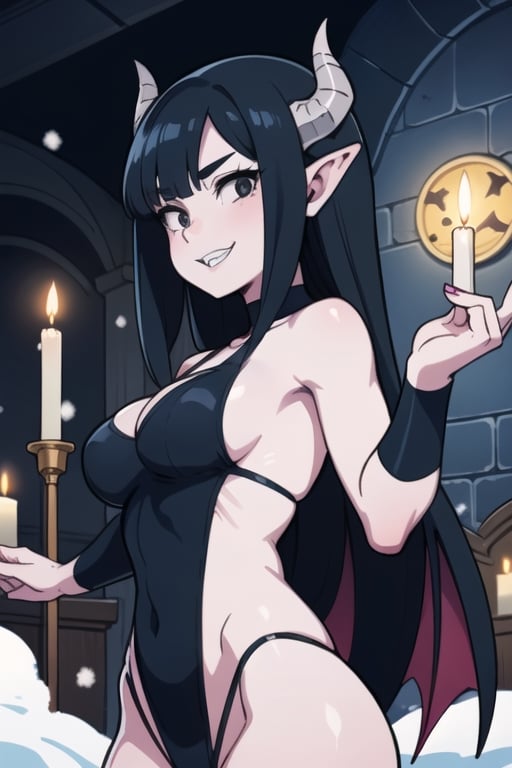 A female demon in Gothic style. Very slanted eyes and high cheekbones. Goblin-like pointed ears. Black horns on her head. Snow-white skin, black eyes and very black hair. Her teeth resemble those of a white shark. She has a slight smile.  She has bat wings. The scene takes place inside a Gothic church with candles and Greek columns during a full moon. A wonderful harmony of moonlight and shadow is reflected on her. Other vampire women stand behind her.