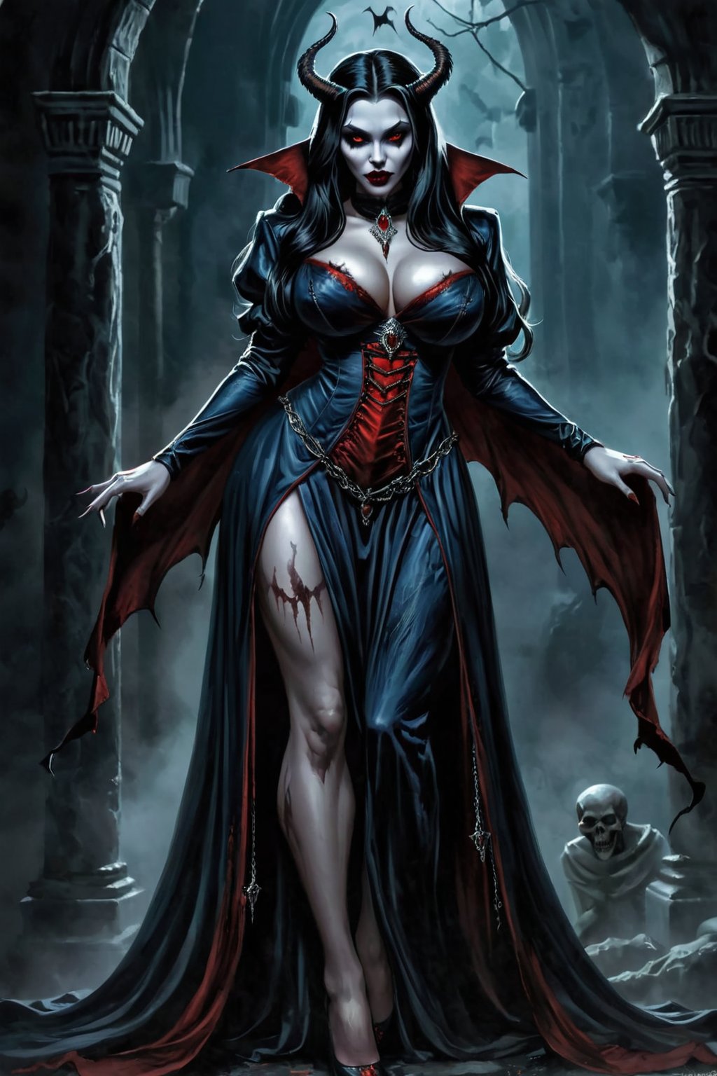 A magnificent, curvy, and scary undead vampire girl. The Queen of the Underworld of vampires. Dark fantasy. (((full body.)))