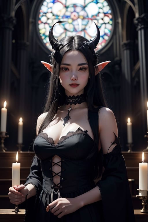 A female demon in Gothic style. Very slanted eyes and high cheekbones. Goblin-like pointed ears. Black horns on her head. Snow-white skin, black eyes and very black hair. Her teeth resemble those of a white shark. She has a slight smile.  She has bat wings. The scene takes place inside a Gothic church with candles and Greek columns during a full moon. A wonderful harmony of moonlight and shadow is reflected on her. Other vampire women stand behind her.