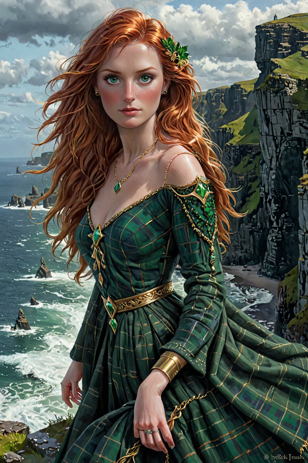 A sultry druidess clad in flowing, emerald-green tartan and golden brooches poses confidently at the precipice of the Cliffs of Moher, wind-whipped red hair tousled by the Atlantic breeze. Freckles. Her eyes gleam like polished obsidian as she gazes out upon the rugged coastline, her extrem pale skin aglow with a subtle, mystical luminescence. 