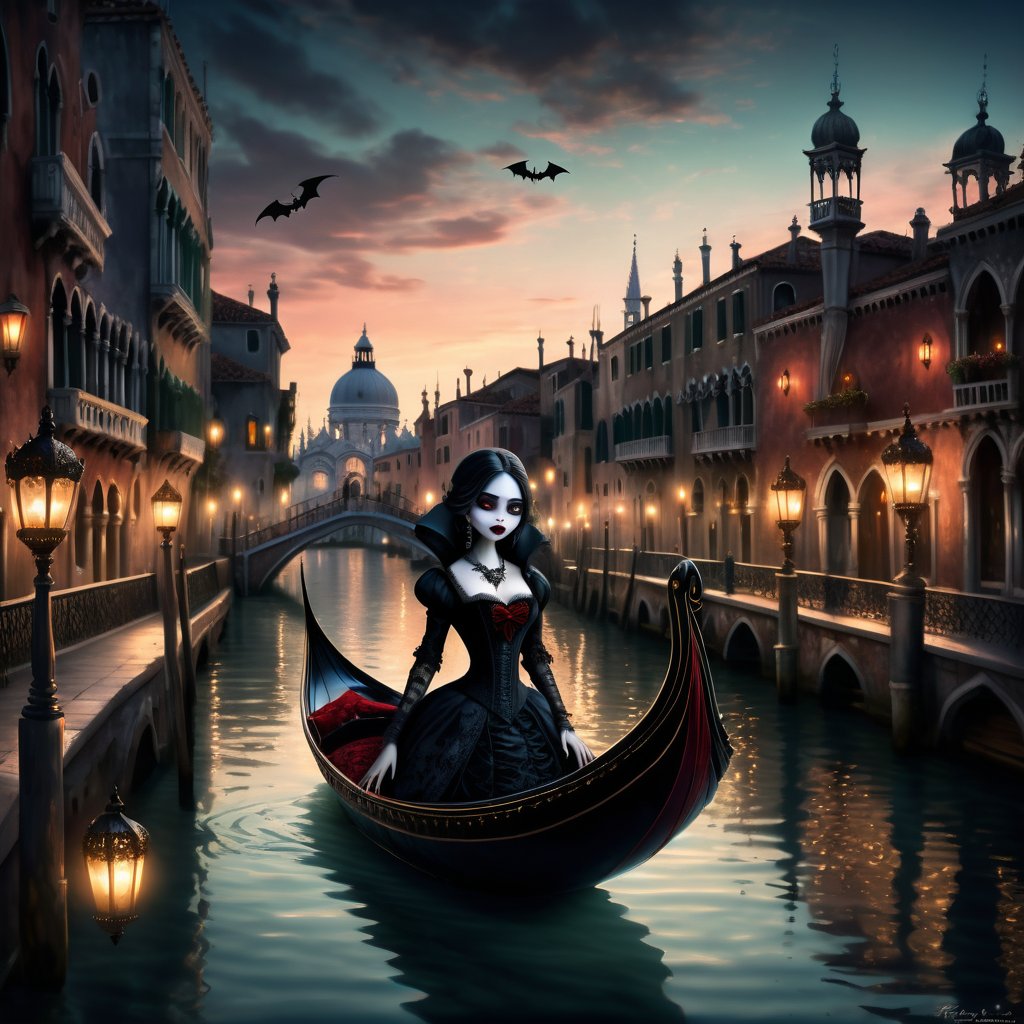  A serene Venetian canal at dusk, with a majestic Gothic-style gondola gliding smoothly through the water. The sexy vampire, dressed in black lace and velvet, sits regally at the bow, her piercing eyes gazing out at the city's ornate bridges and baroque buildings, while the soft glow of lanterns reflects off the ripples on the water.