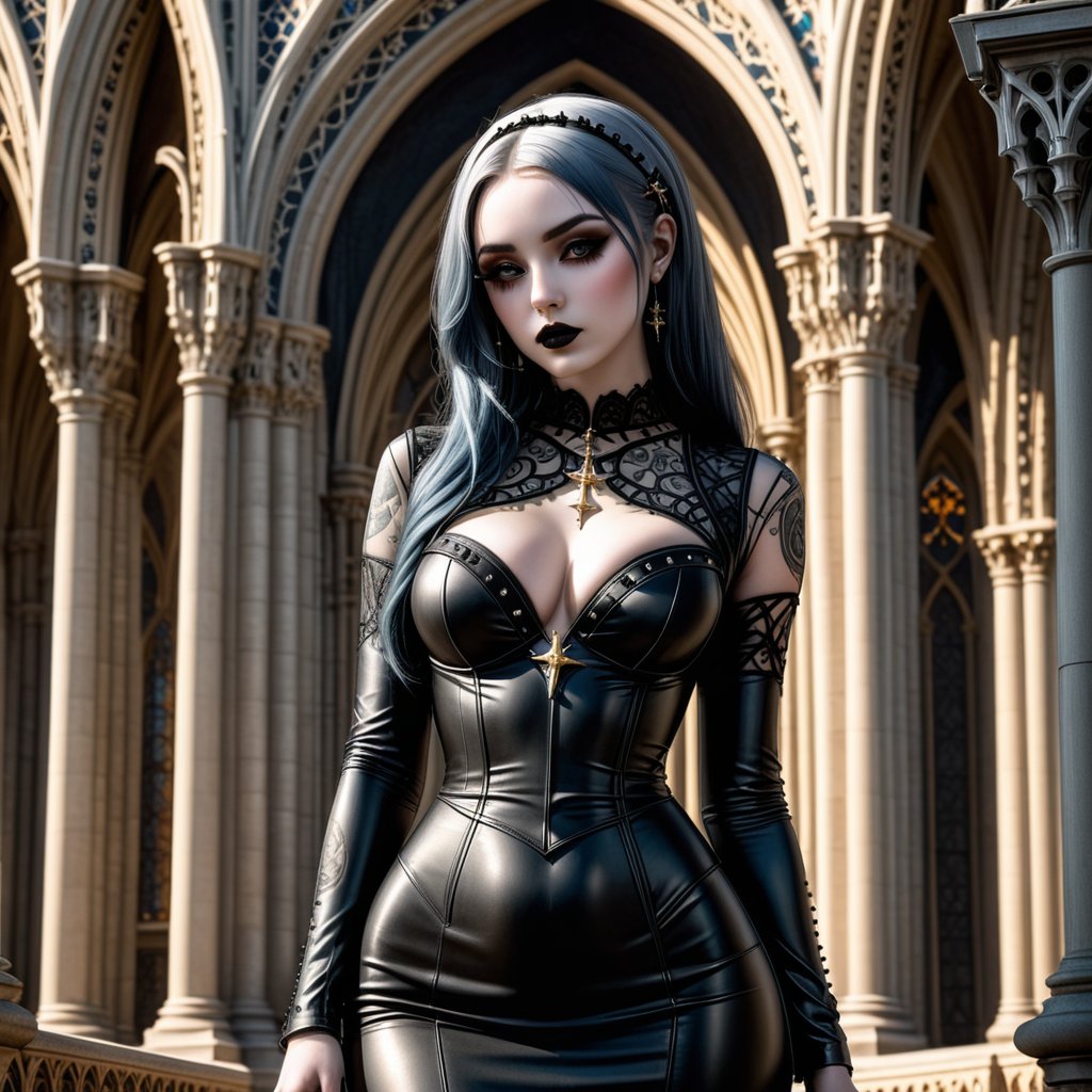 A stunning nun-like figure stands against the backdrop of a grand cathedral, bathed in warm golden light. Curvy, with wide hips, she wears a black leather dress that hugs her body, complete with studded details. Her (((extrem pale emo skin))) is marred by birthmarks and freckles, while her extrem glowy eyes seem to hold a deep sadness. A sea of intricate tattoos adorns her arms, adding to the gothic style aesthetic. The overall atmosphere is one of sensual longing, as if she's seeking redemption in the grand cathedral's ornate architecture.