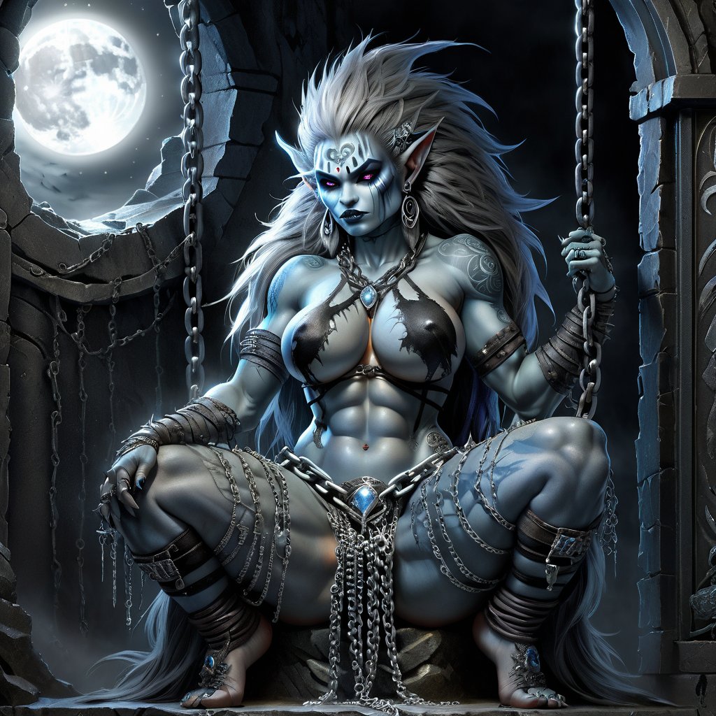  A hauntingly beautiful female troll monster sits in chains, bathed in the silvery glow of the full moon streaming through the iron-barred window, casting an ethereal light on her rugged features, tribal tattoos, and torn, beast-skin clothing that hangs tattered and worn, revealing glimpses of her muscular physique beneath.