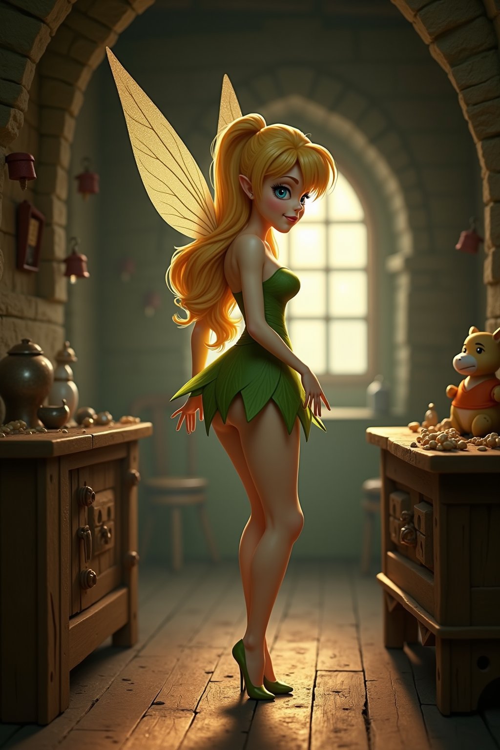 score_9, score_6_up, score_5_up,Very detailed, perfect image. A masterpiece depicting a beautiful, curvy fairy inspired by Walt Disney's Tinkerbell.((( She has porcelain-white skin))), a very short green skirt, and transparent insect wings. The overall atmosphere is warm and magical, set inside a small medieval wooden house.