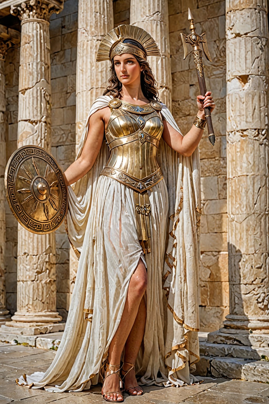 score_9, score_8_up, score_7_up, score_6_up, score_5_up, score_4_up.  masterpiece. of Athena in ancient Greek dress. sensual. transparent dress. holding shield and sword. standing on Olympus.