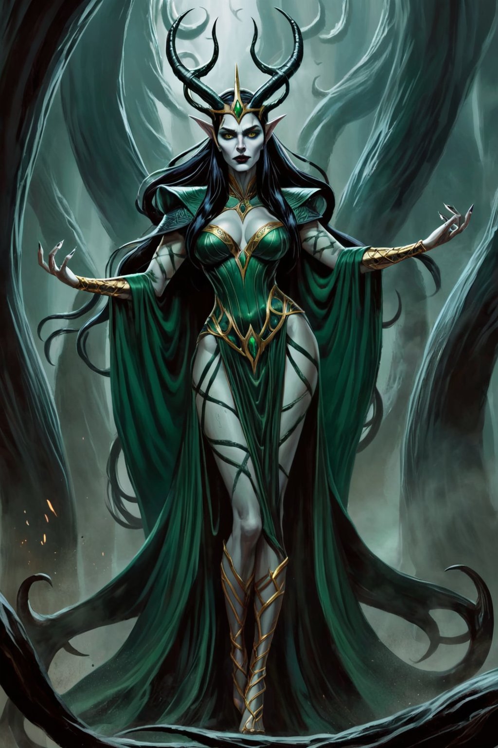 A magnificent curvy, scary undead goddess Hela. The Queen of the Underworld. in Norse Mythology. Dark fantasy.