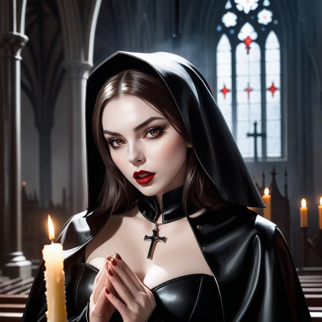 a beautiful, sexy vampire with brown hair and (((extremely pale skin))), dressed in a leather nun's habit, is praying. Her half-open mouth reveals her vampire fangs. Her lips are black. The scene takes place in a Gothic church. Lighting is provided by candles. 