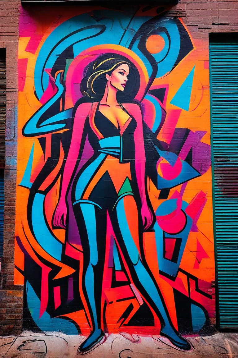 Vibrant street art mural in a gritty urban alleyway, with bold brushstrokes and neon colors. A stylized figure, reminiscent of graffiti culture, takes center stage amidst swirling abstract shapes and geometric patterns, as if emerging from the very walls themselves.