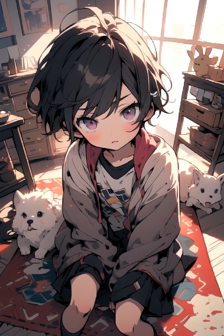 Anime girl with dog sitting on a rug in a room, Gwaitsu on Art Station Pixiv, Gwythe, Gweiz style artwork, Shikamimi, 詳細なanime art, Trending on ArtStation , masterpiece,animeniji