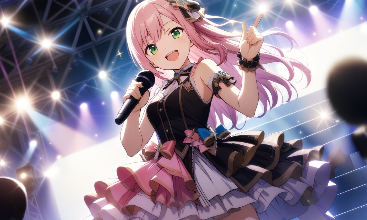 masterpiece, best quality, very aesthetic, absurdres, official art, game cg,  non-web source,

1girl, center-flap bangs, chandelier, concert, cowboy shot, dress, dutch angle, frilled dress, frills, green eyes, holding, holding microphone, idol, idol clothes, index finger raised, lens flare, long hair, looking at viewer, microphone, open mouth, pink hair, screen zoom, single sidelock, smile, solo, sparkle, stage lights, stairs, teeth, upper teeth only, 

shaded body, cinematic shadow, cinematic lighting