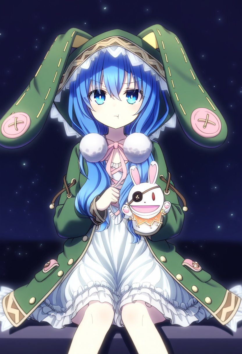 shaded body, shadow, night, glowing eyes, expressionless, , backlighting, cinematic, light_particles, 1girl, yoshino \(date a live\), yoshinon, date a live, :t, animal ears, blue eyes, blue hair, drawstring, dress, eyepatch, fake animal ears, frilled dress, frills, green jacket, hand puppet, hood, hooded jacket, jacket, looking at viewer, pink ribbon, pocket, pom pom \(clothes\), pout, puppet, rabbit ears, ribbon, sitting, solo, tatika714, white dress, absurdres