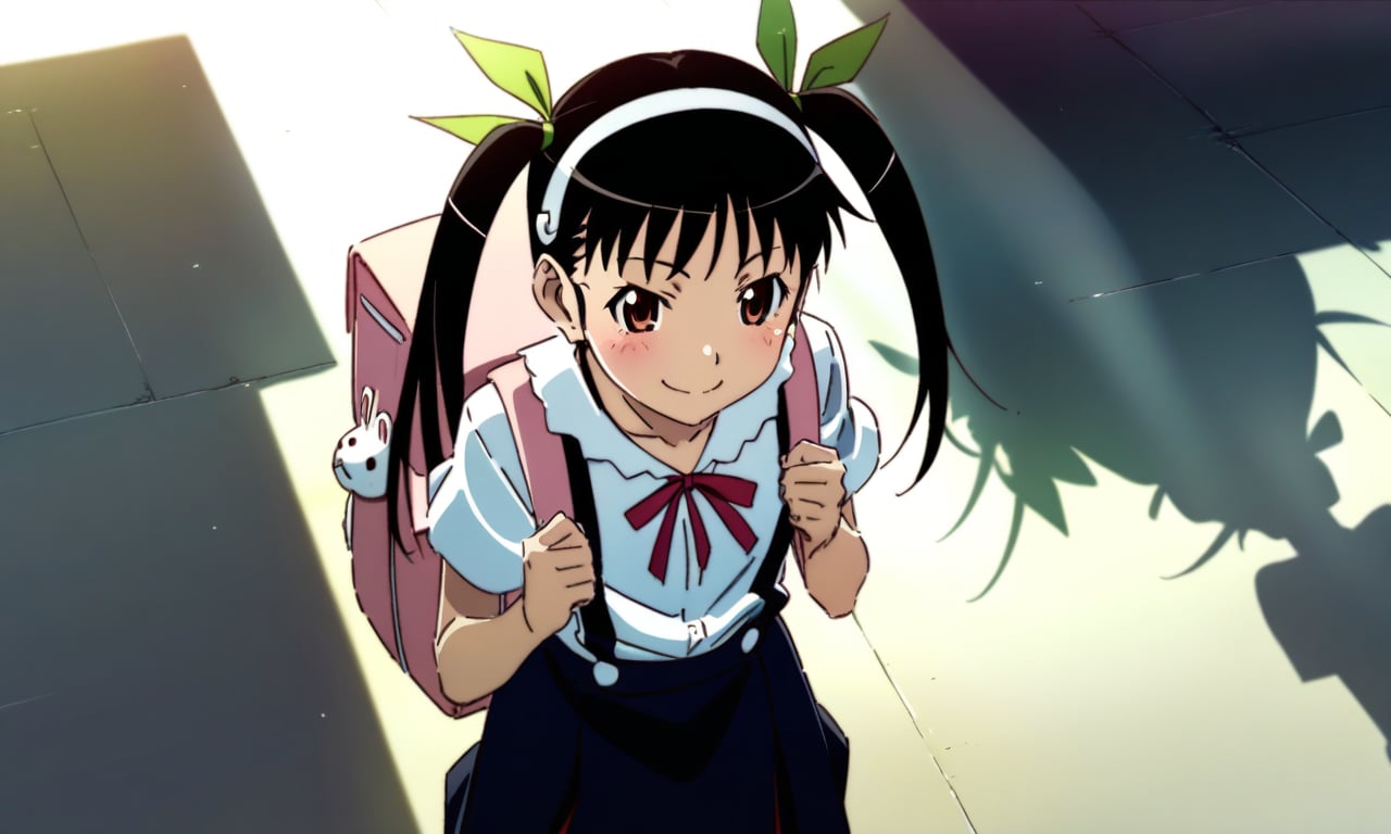 masterpiece, best quality, very aesthetic, absurdres, official art, game cg,  non-web source,

1girl, hachikuji mayoi, bakemonogatari, monogatari \(series\), makicha \(sasurainopink\), backpack, bag, black hair, green ribbon, hair ribbon, hairband, ribbon, shirt, skirt, smile, solo, suspender skirt, suspenders, twintails, 

cinematic shadow, cinematic lighting