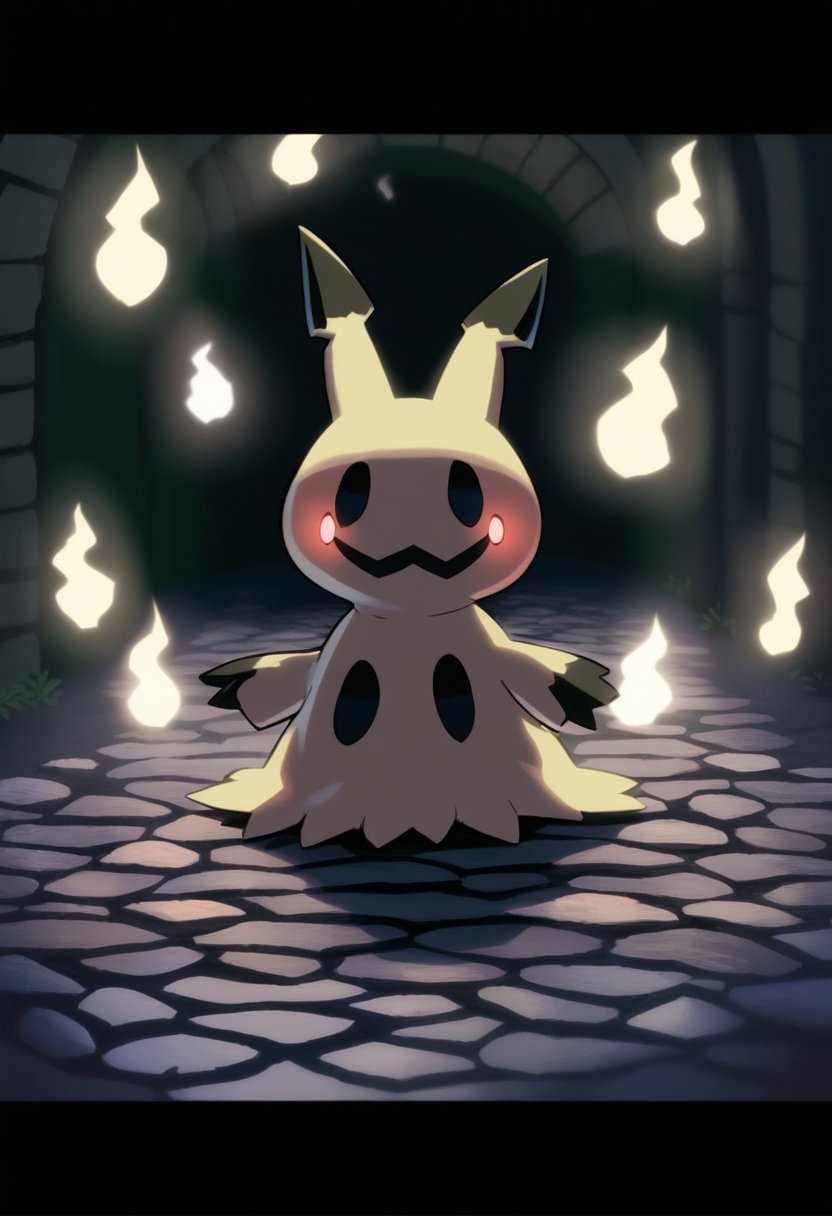 mimikyu, creatures \(company\), game freak, nintendo, pokemon, mossan \(mormormorpheus\), aura, black eyes, cobblestone, gen 7 pokemon, letterboxed, no humans, pokemon \(creature\), smile, solo, 

masterpiece, best quality, very aesthetic, absurdres, official art, shaded body, cinematic lighting