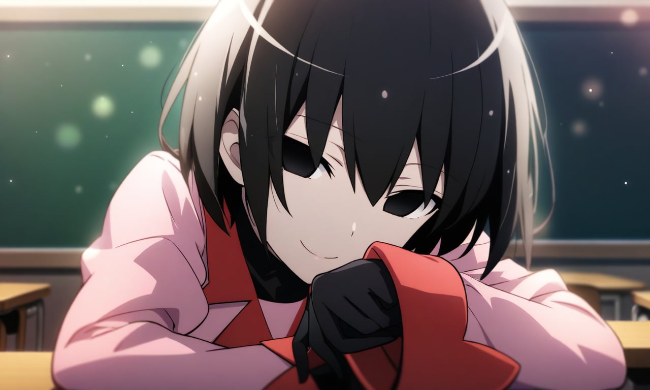 masterpiece, best quality, very aesthetic, absurdres, official art, game cg,  non-web source,

1girl, oshino ougi, monogatari \(series\), ai ai gasa, black eyes, black gloves, black hair, black necktie, blurry, bob cut, bokeh, chalkboard, classroom, close-up, closed mouth, collared shirt, depth of field, dress shirt, elbow rest, empty eyes, gloves, hair between eyes, hand on own chin, light particles, long sleeves, looking at viewer, naoetsu high school uniform, necktie, pink shirt, school uniform, shirt, short hair, sleeves past fingers, sleeves past wrists, smile, solo, upper body, very long sleeves, 

cinematic shadow, cinematic lighting