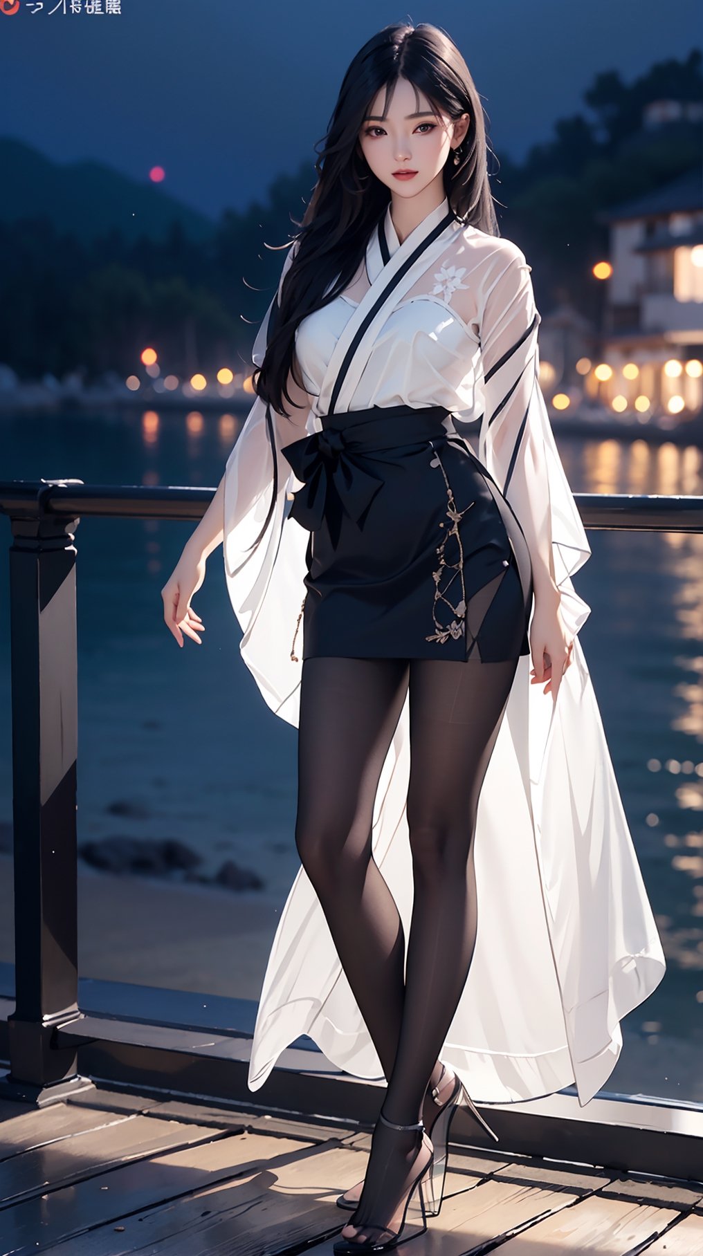 (best quality, masterpiece:1.2),ultra detailed,(photo realistic:1.4),solo,sexy lady,night beach,long_hair,black_hair, legs_spread,hanbok, (((transparent heels))), (((Full_body_shot))), (((pantyhose))),black pantyhose