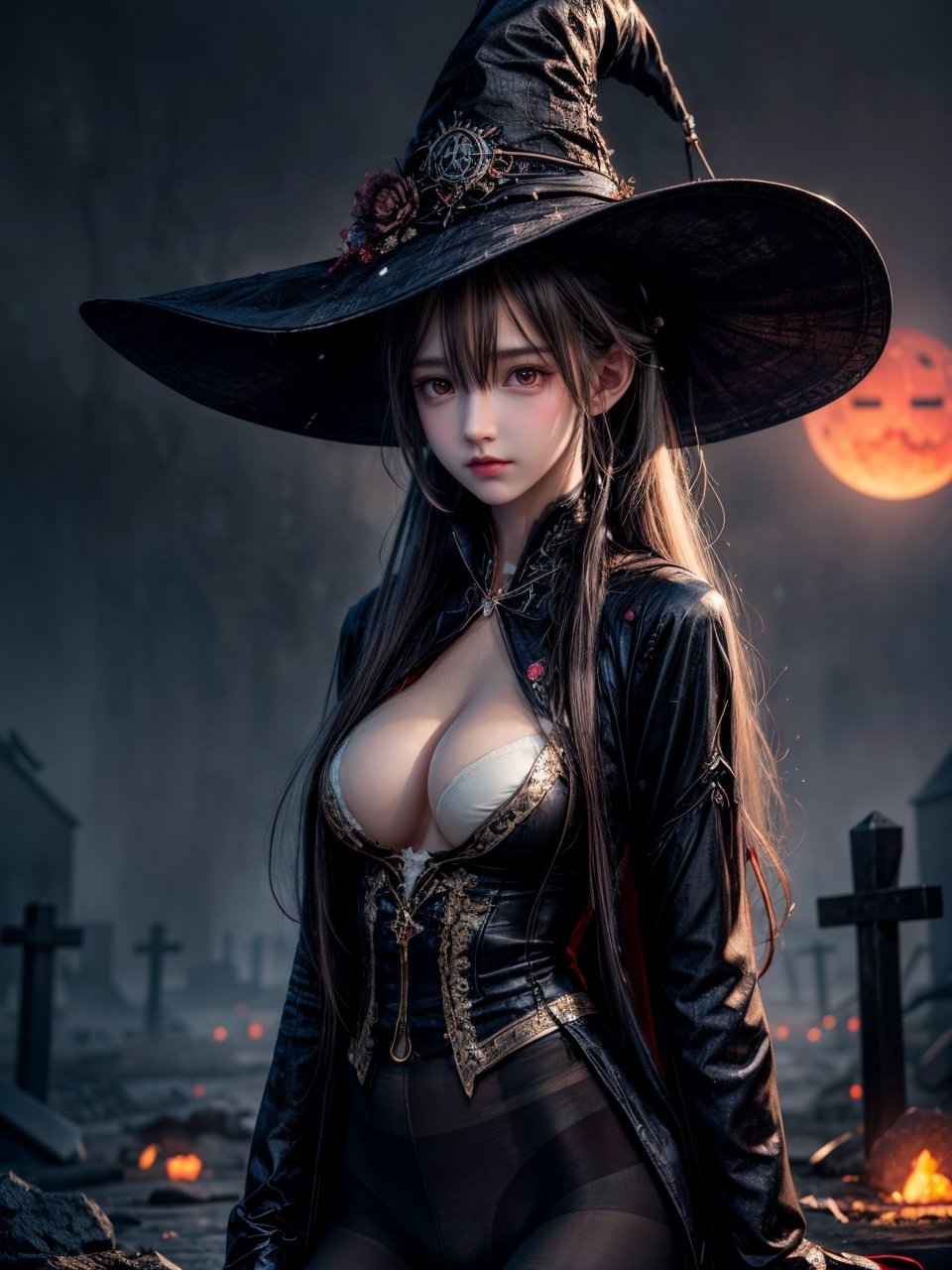 ((((((Whole_body_from_far_away)))))), (((pantyhose))), A hauntingly beautiful illustration of a witch standing in a spooky graveyard under a blood-red moon. witch hat, The scene should be cinematic with Jack-o-lantern shining. The witch should be portrayed with fine details and realistic shading. The artwork should be in a high resolution and digitally painted by renowned artists like Luis Royo and Jasmine Becket-Griffith. The overall composition should evoke a sense of mystery and enchantment.