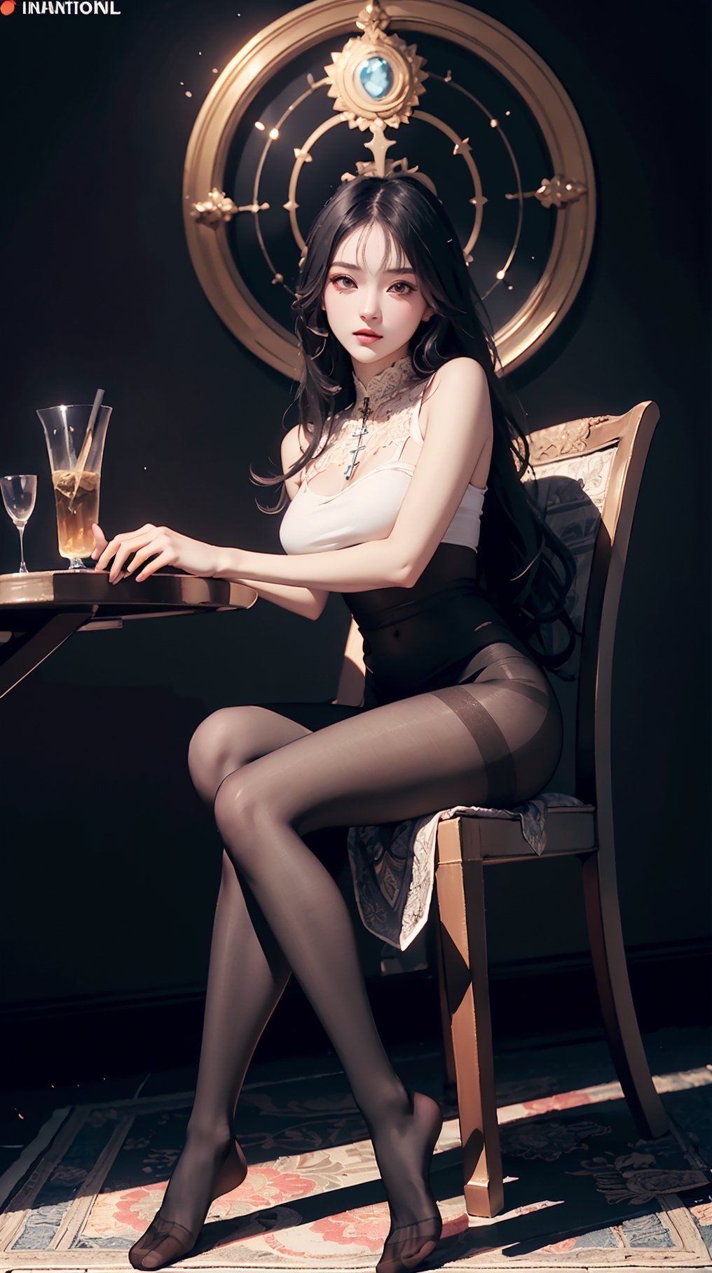 (best quality, masterpiece:1.2),ultra detailed,(((body illumination))),aura,beast and cute girl,(((illumination))),mandala, (((Full_body_shot))), (((pantyhose))), (((sit on a chair and cross one's legs))), (((low angle))),