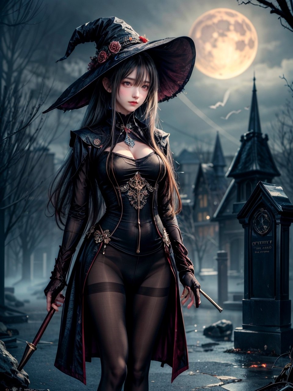 ((((((Whole_body_from_far_away)))))), (((pantyhose))), A hauntingly beautiful illustration of a witch standing in a spooky graveyard under a blood-red moon. witch hat, The scene should be cinematic with Jack-o-lantern shining. The witch should be portrayed with fine details and realistic shading. The artwork should be in a high resolution and digitally painted by renowned artists like Luis Royo and Jasmine Becket-Griffith. The overall composition should evoke a sense of mystery and enchantment.